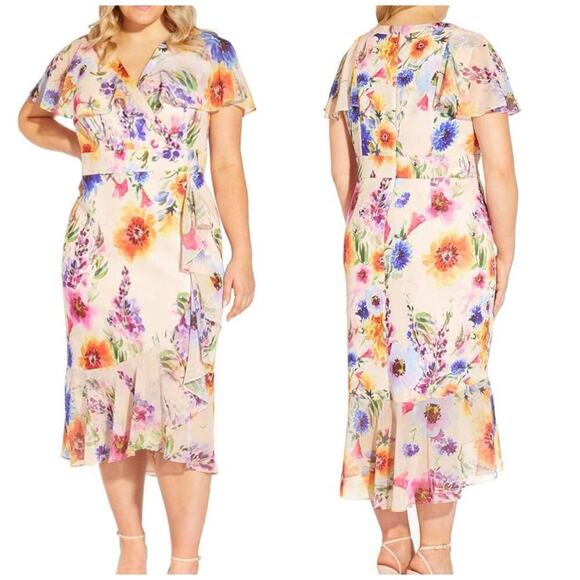 Adrianna Papel Women’s Floral Ruffle Knee Length Dress Multicolor Size 16 - Picture 1 of 12